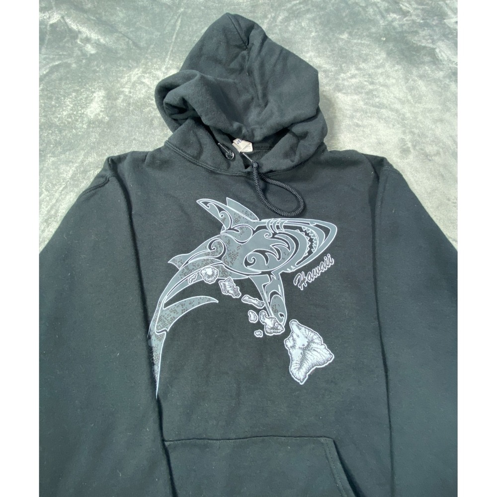 Jerzees NuBlend Hoodie Men Small Black Hawaii Shark Graphic Pullover Surf Fleece